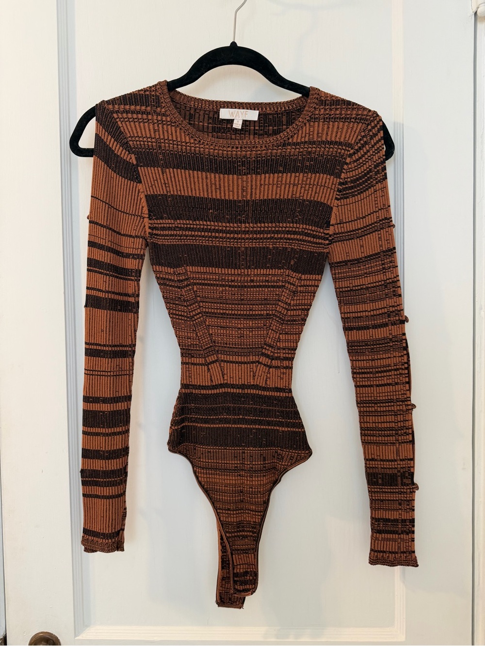 Striped Ribbed Long-Sleeve One-Piece Bodysuit - Brown/Black
